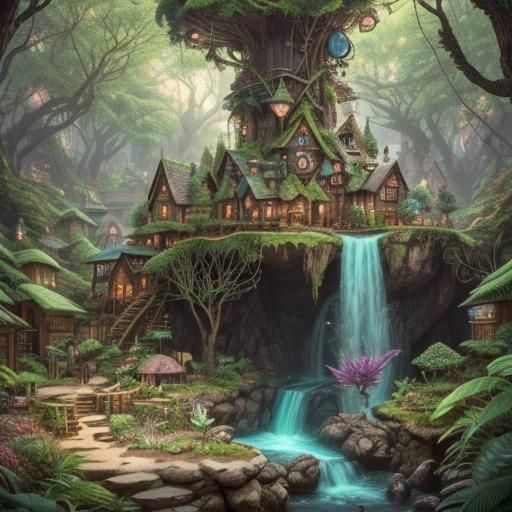 Enchanted Forest with Mystical Creatures: Pen and Ink