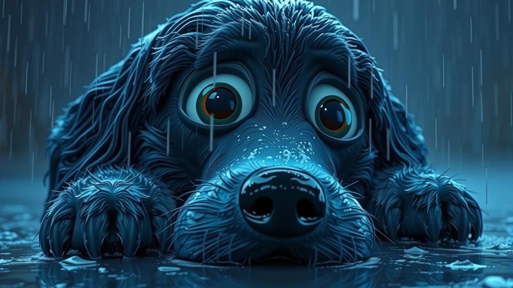 Melancholic Blue Collie in Rain, Photorealistic 3D Art