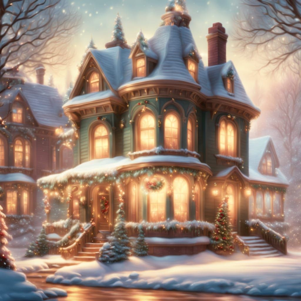Victorian Christmas House in Golden Hour Light