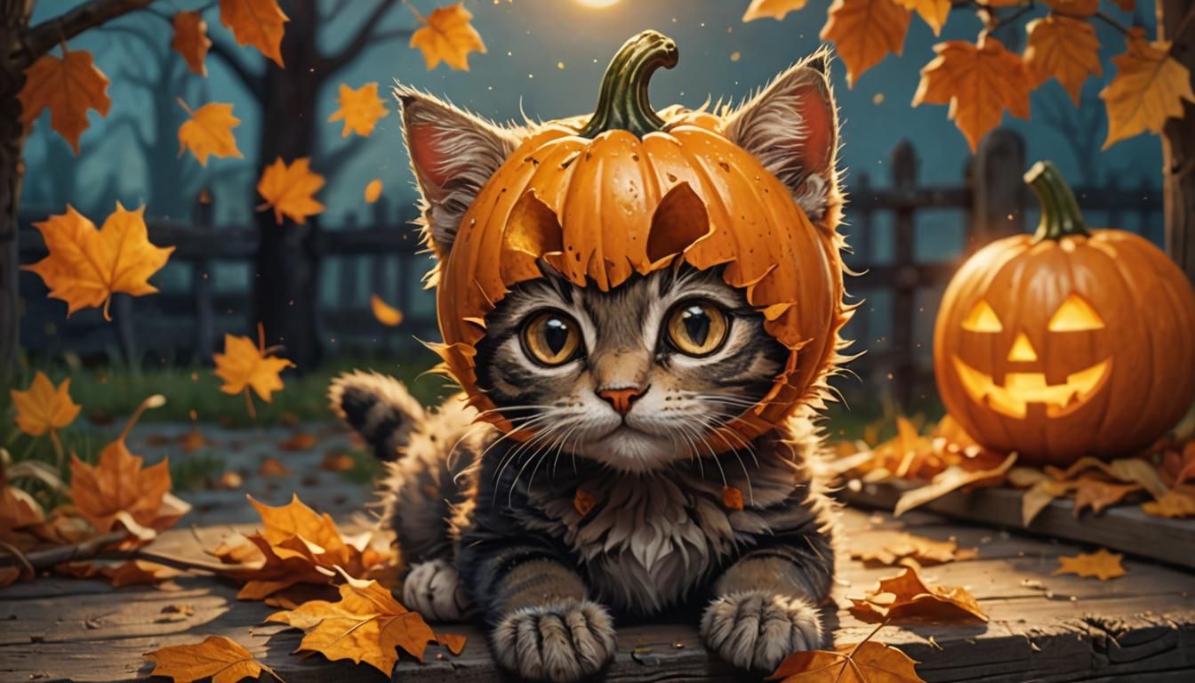 Kitten in Pumpkin Mask: Autumnal Illustration