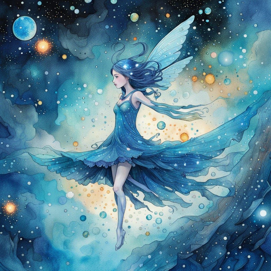 Blue Fairy Ascends to Universe: Anime Watercolor Art