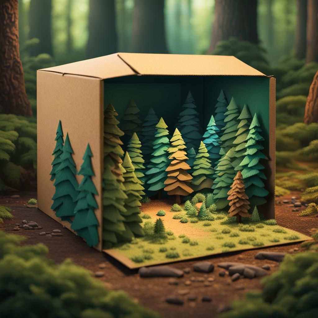 Miniature Forest Inside Cardboard Box, Hyperrealistic Art
