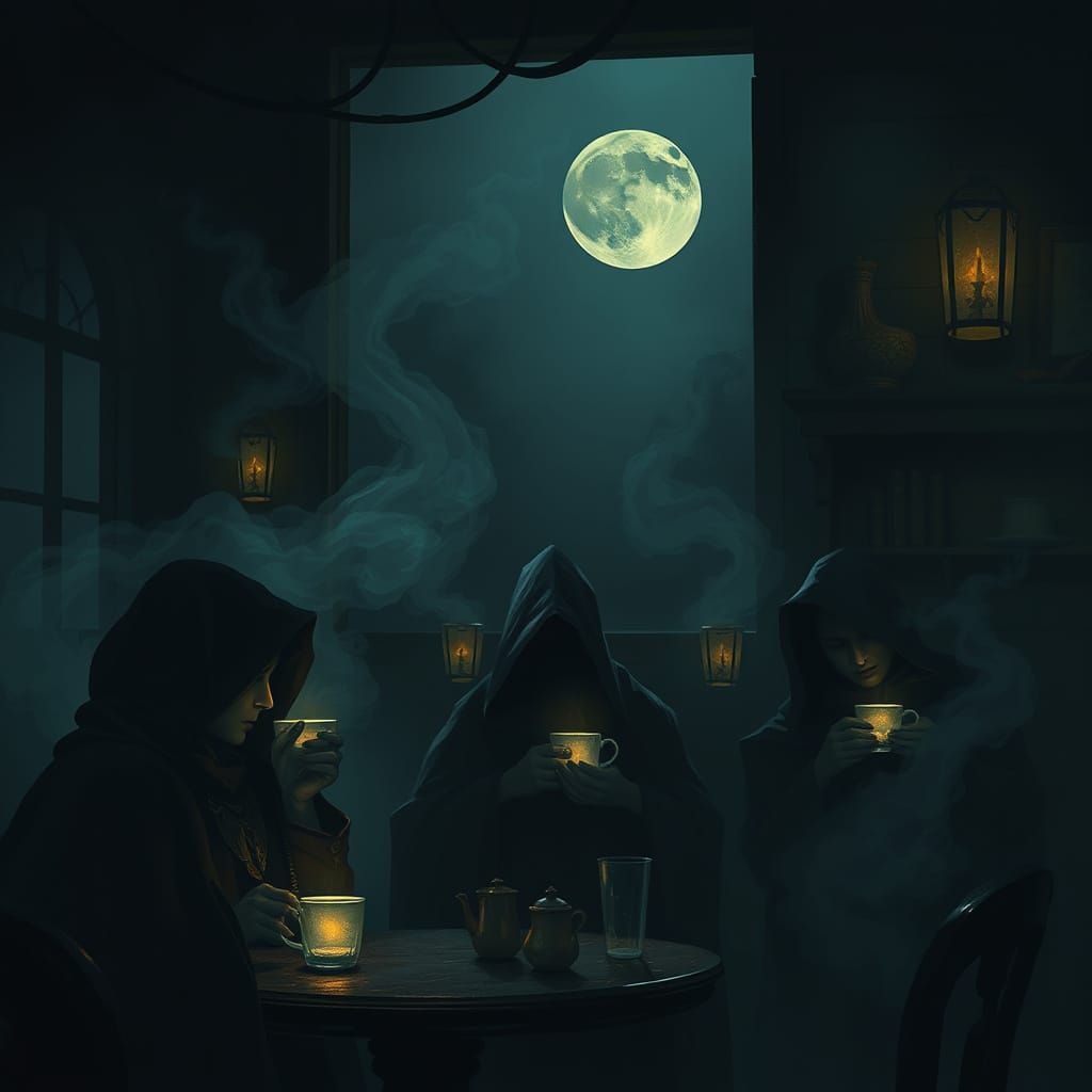 Gothic Coffeehouse with Ghostly Steam and Shadowy Patrons