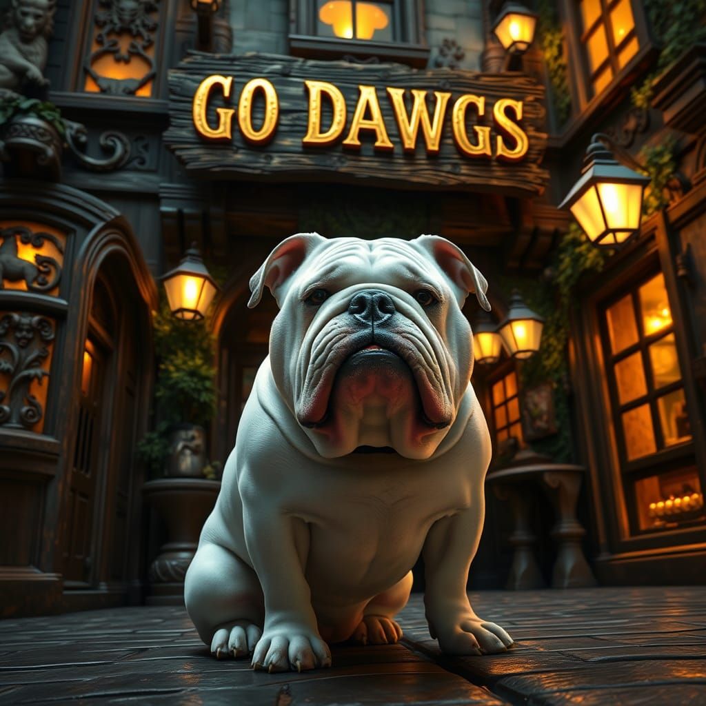 Bulldog Outside Fantasy Tavern in Detailed Art