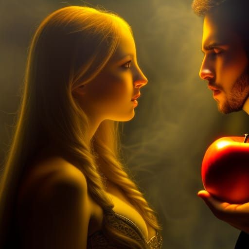 Eve Receives Apple in Hyperrealistic Garden of Eden