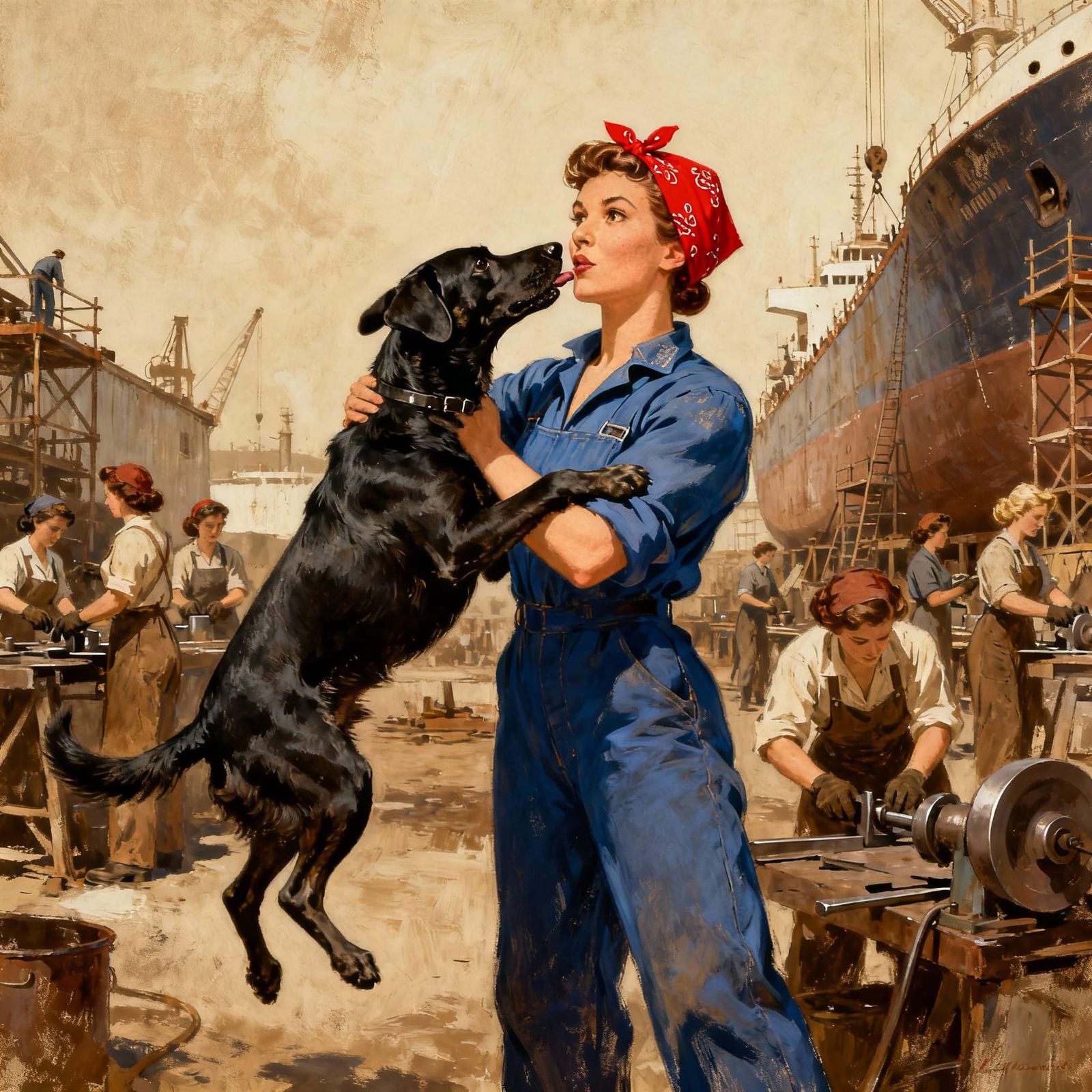 Rosie the Riveter and Black Lab at Shipyard