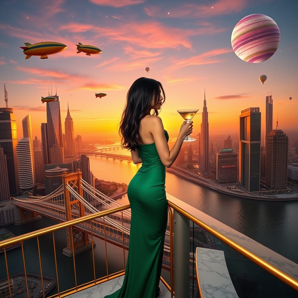 Elegant Woman on Rooftop Balcony Overlooking Golden Bridge