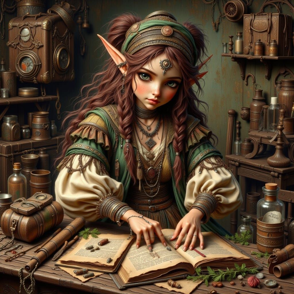 Elf Mage Packing Potion Bag in Painterly Illustration