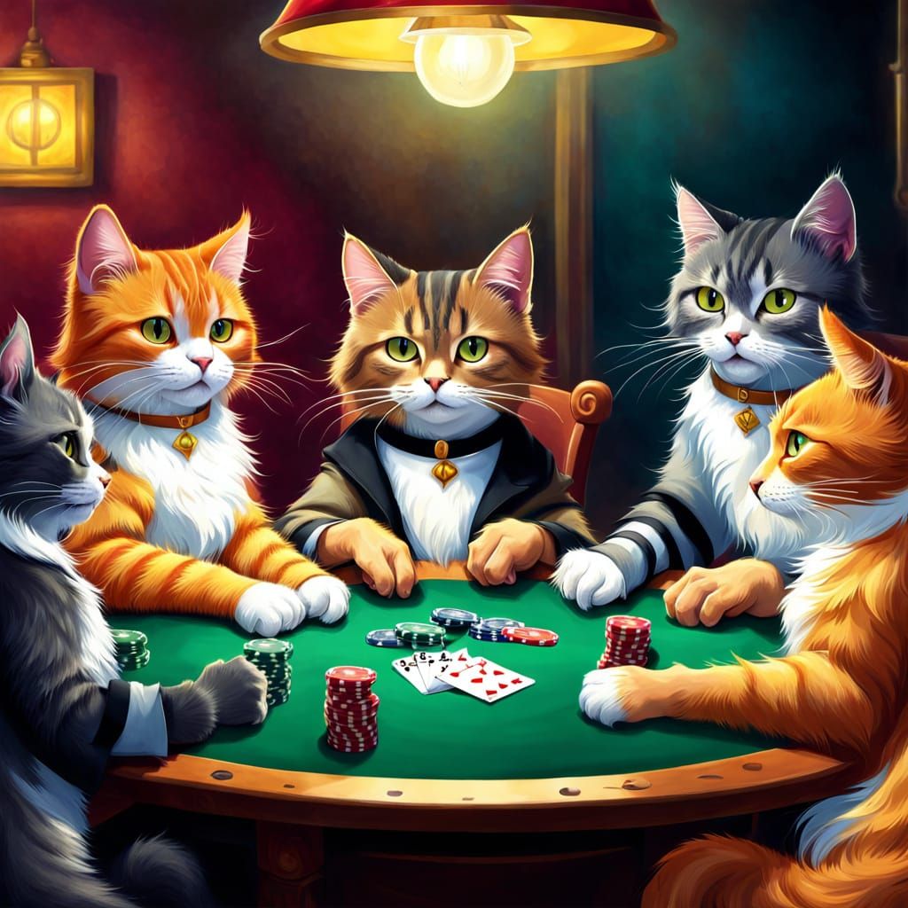 Furry Felines Deal Bluff in Whimsical Poker Scene