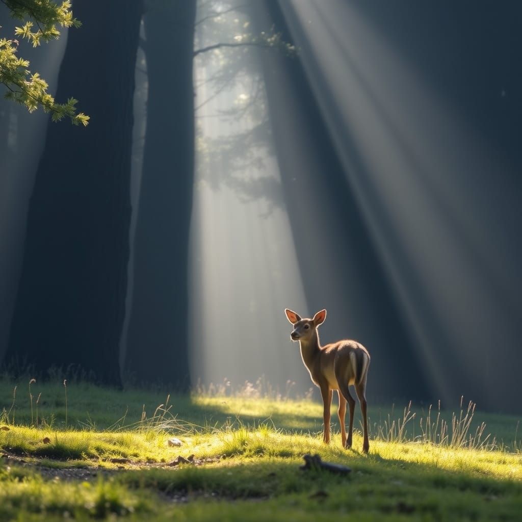 Crepuscular Rays Illuminate Forest Fawn