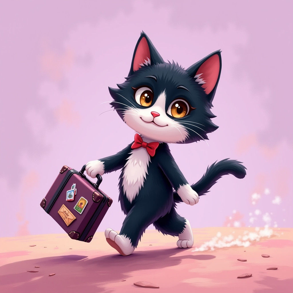 Tuxedo Cat's Adventure: Stylized Realism Digital Art