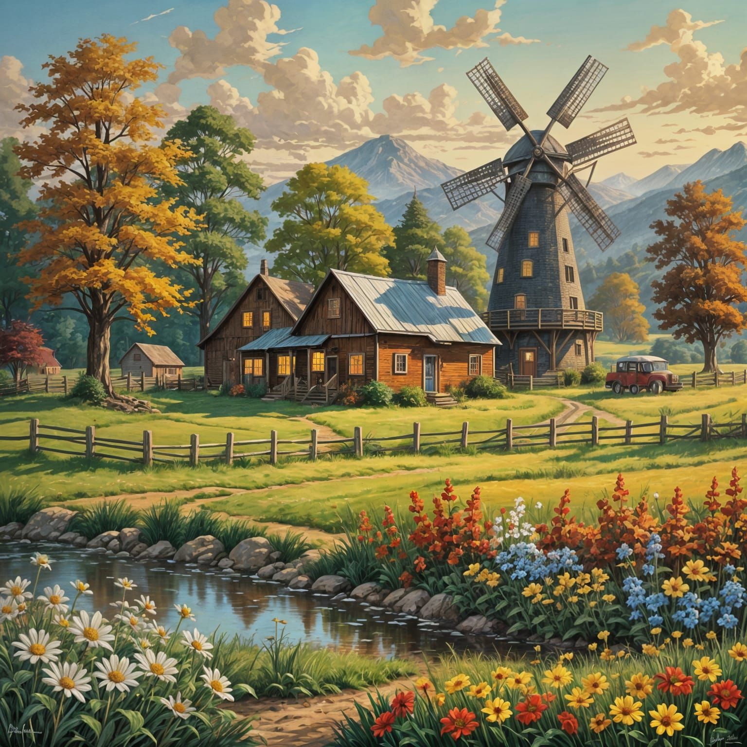 Solarpunk Landscape in Folk Art Style