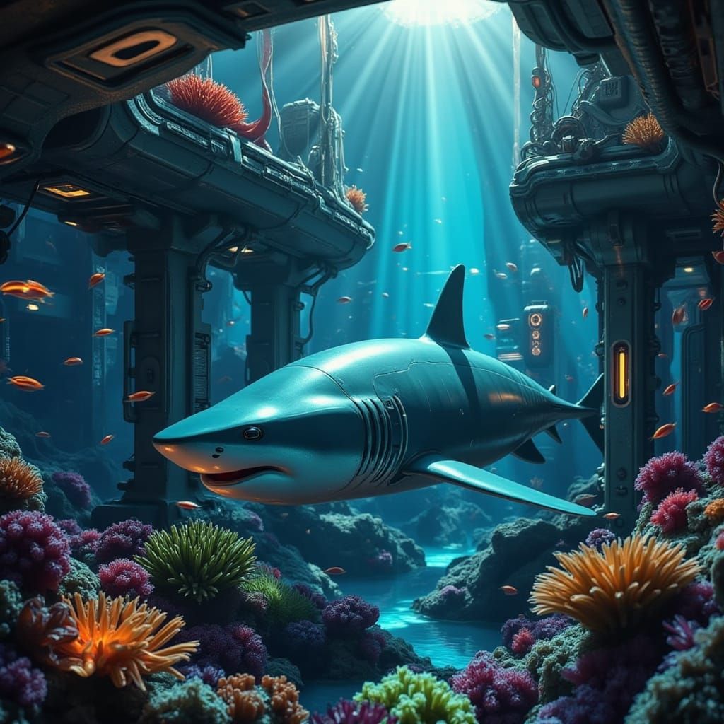 Futuristic Mechanical Shark Submarine in Coral Reef
