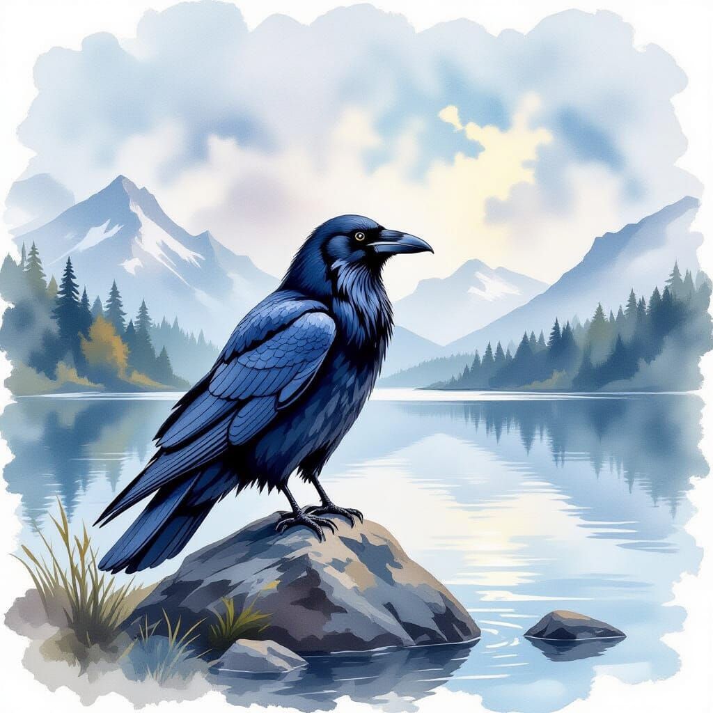 Raven by the Lake in Watercolor Style