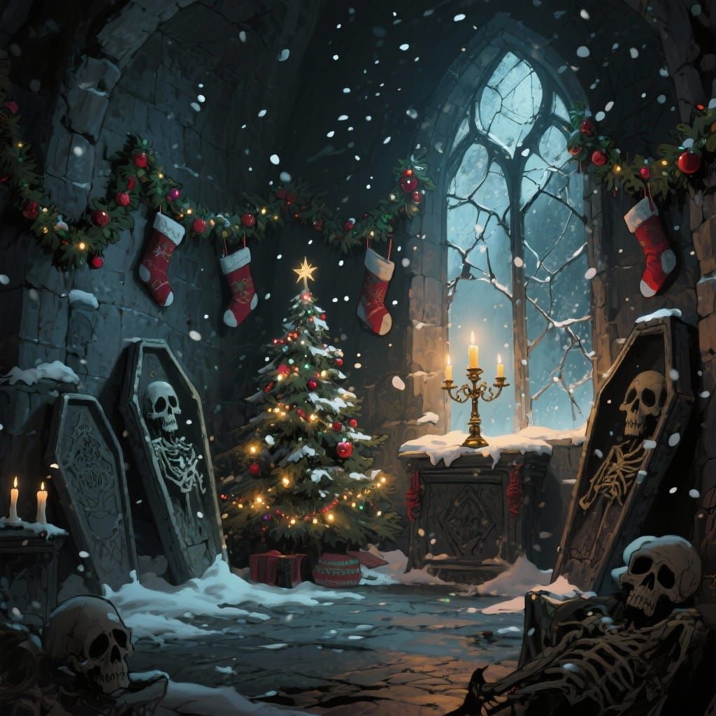 Gothic Crypt Christmas Decorations with Dramatic Lighting