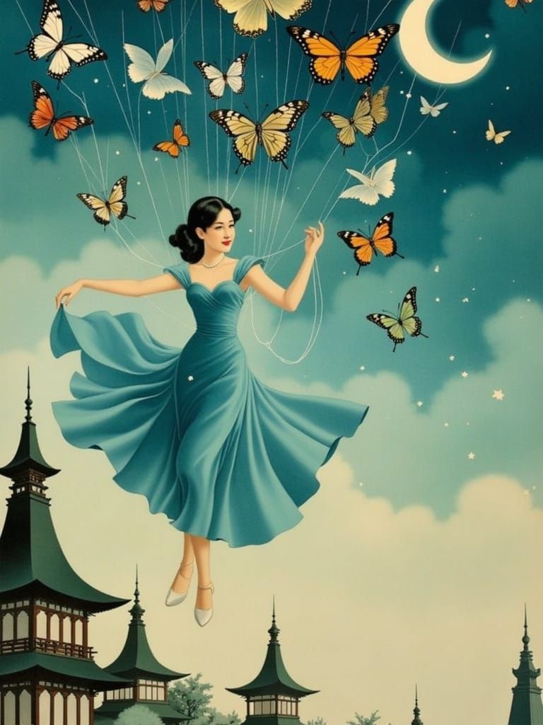 Surreal Japanese Dreamscape with Floating Woman and Butterfl...