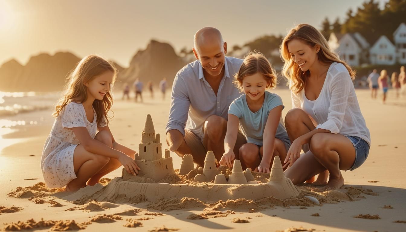 Joyful Family Sandcastle Adventure in Warm Beach Light