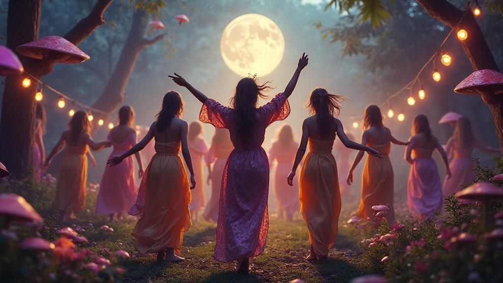 Dancing Hippies in Moonlit Forest, Dreamlike Rendering