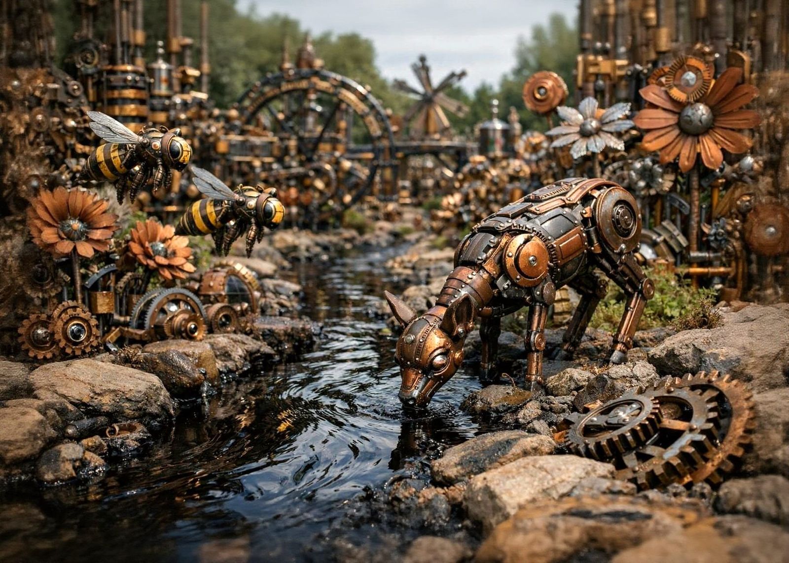 Mechanical Garden with Metal Flora and Oil Stream