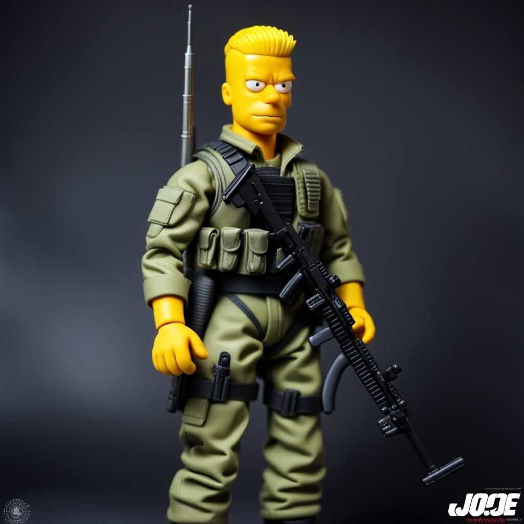 Photo realistic. Super realism. GI joe Doll. toy. articulated plastic toy close-up. weapon. bart simpson