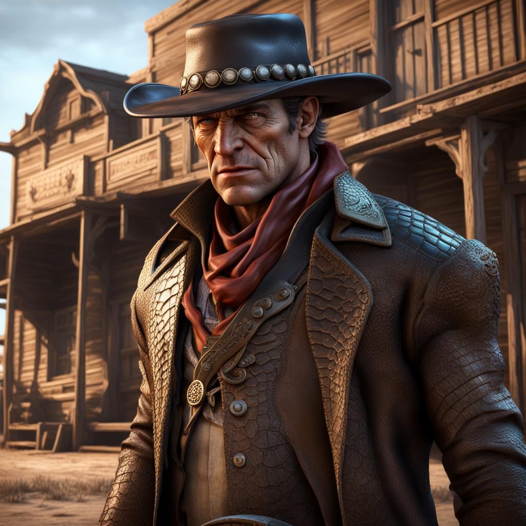 Crocodile Gunslinger in Saloon Shootout, Matte Painting