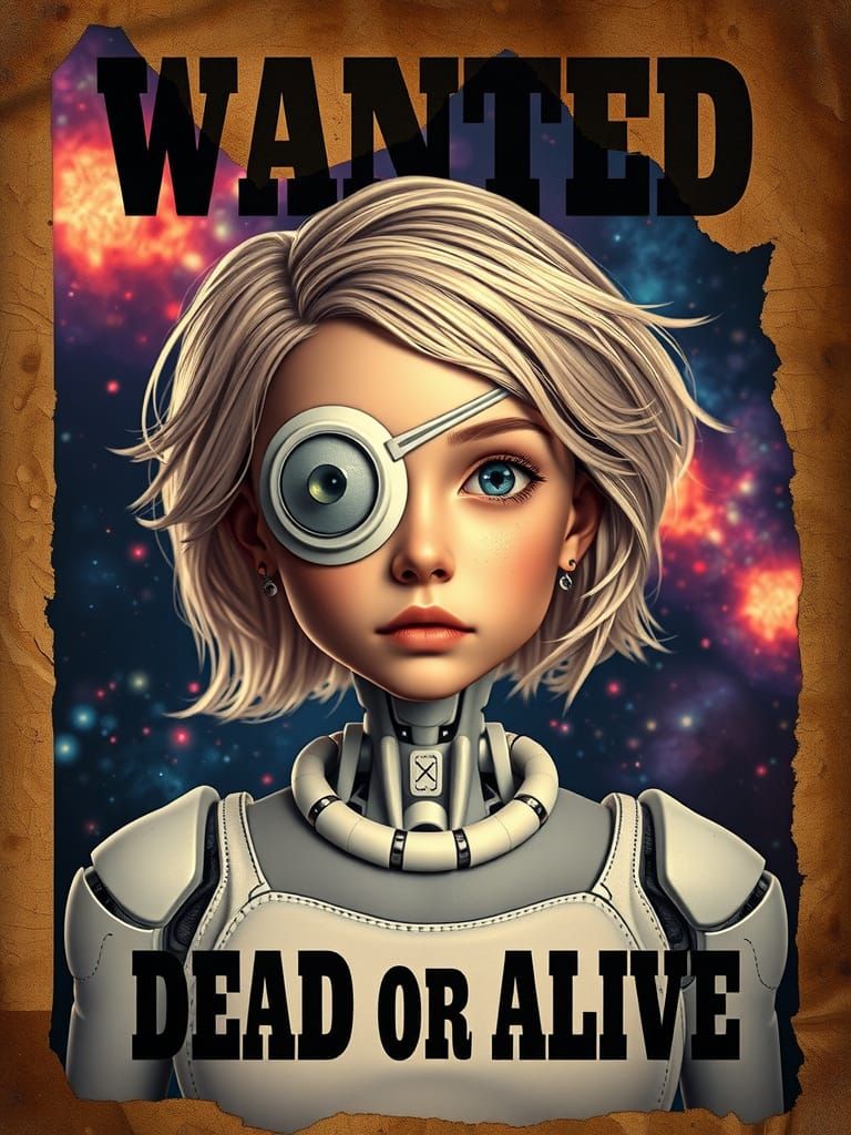 Android Girl Wanted Poster with Galaxy Background