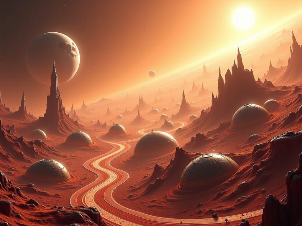 Mars Colony Biomechanical Landscape with Earth and Moon