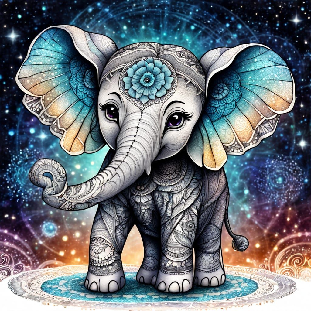 Whimsical Cosmic Baby Elephant in Zentangle Style