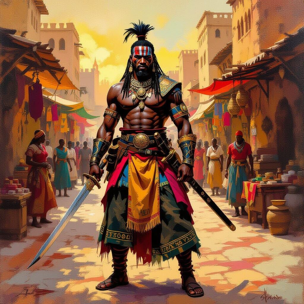Medieval African Warrior with Saber in Golden Hour Marketpla...