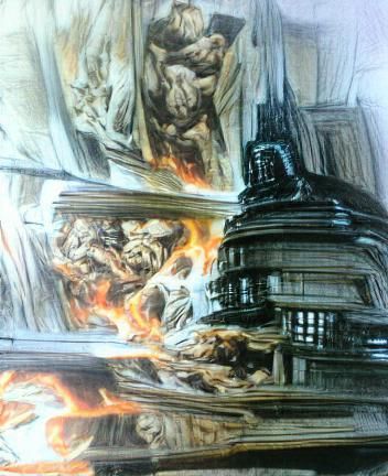 Burning Jedi Temple: Hyperrealistic Digital Illustration