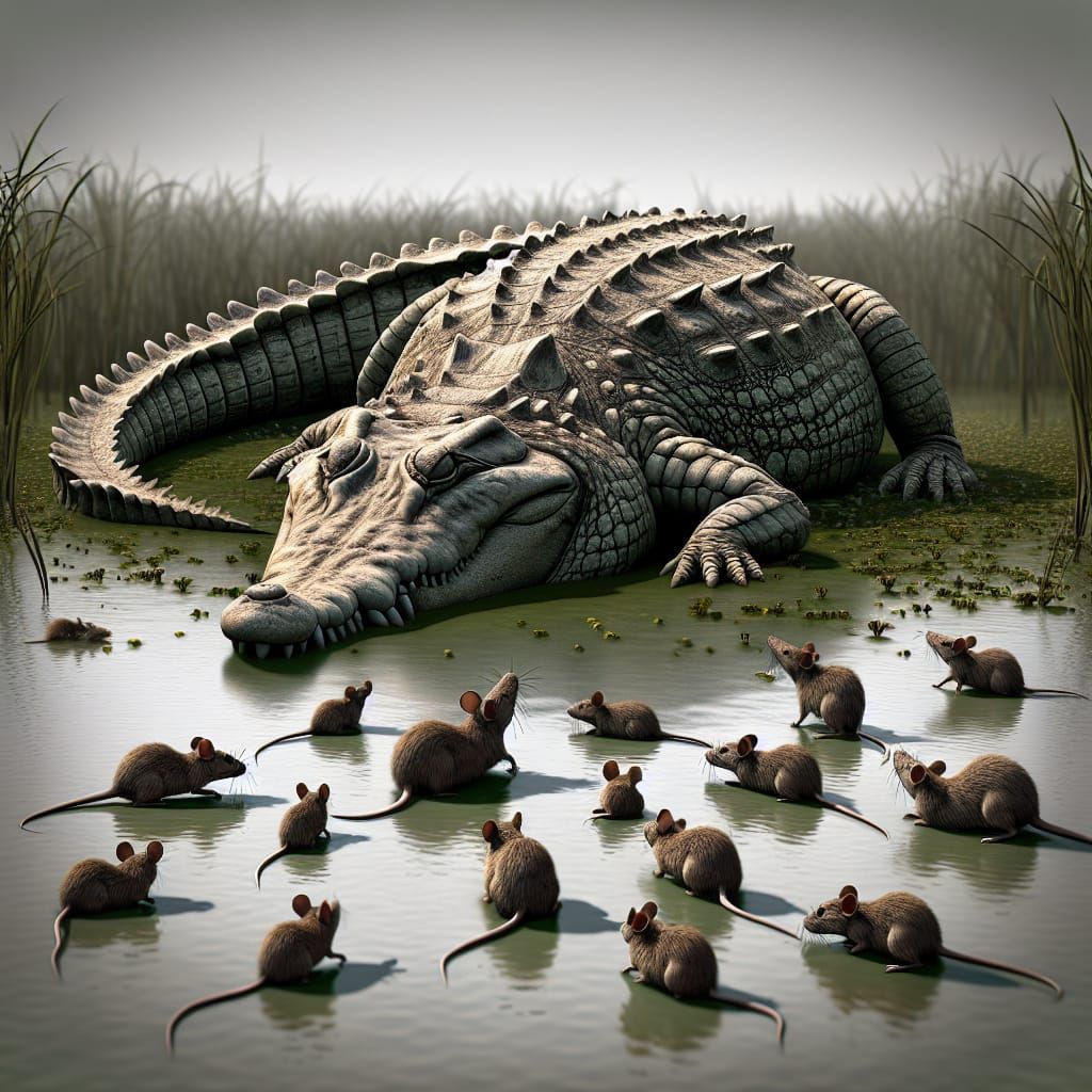 Crocodile Lying in Wait with Water Mice