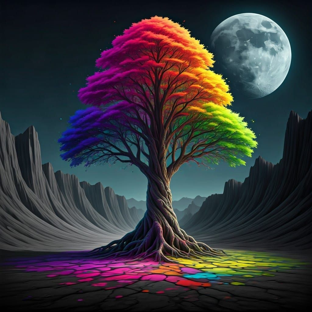 Vibrant Tree in Surreal, Monochromatic Landscape with Glowin...