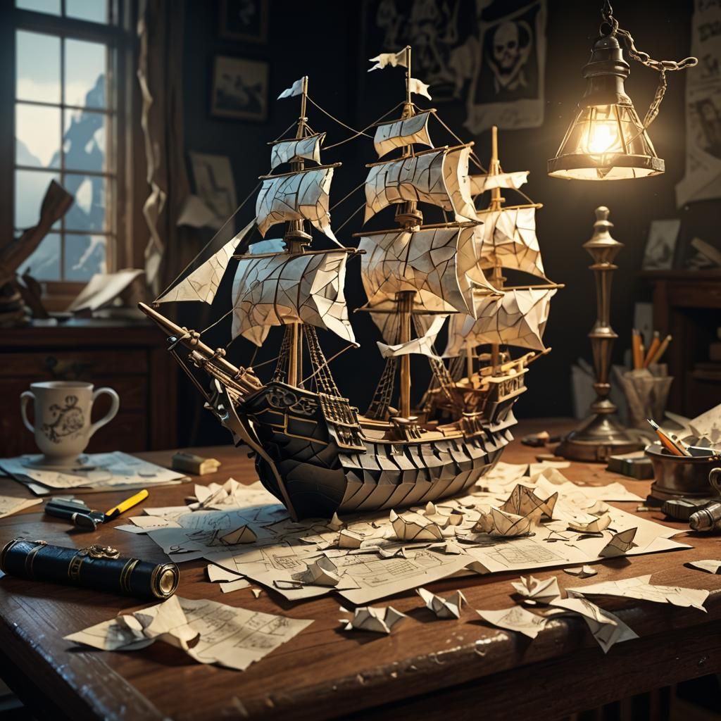 Pirate Origami Ship in Hyper-Realistic Style