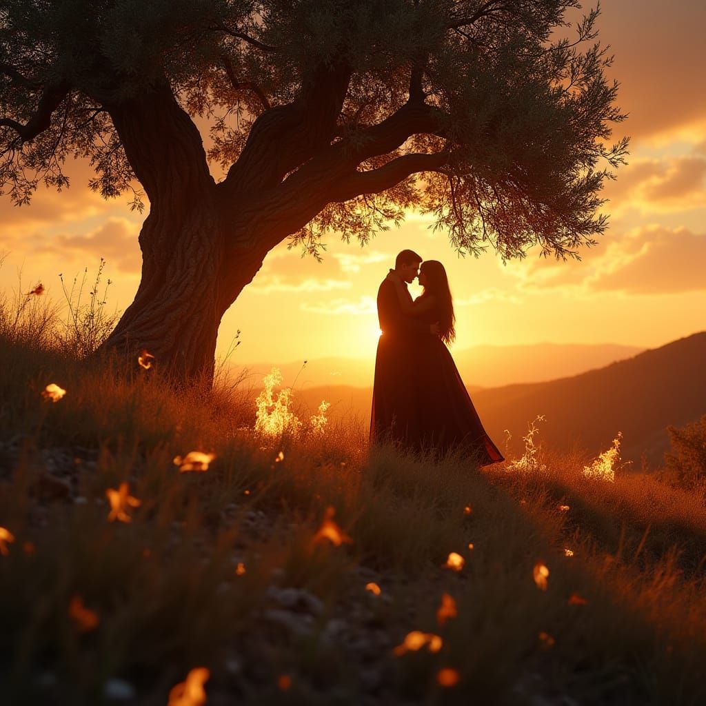 Ethereal Fantasy Scene with Dancing Couple and Fiery Sunset