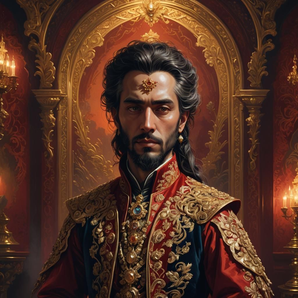 Ornate Figure in Grand Red Room, Fantasy Art