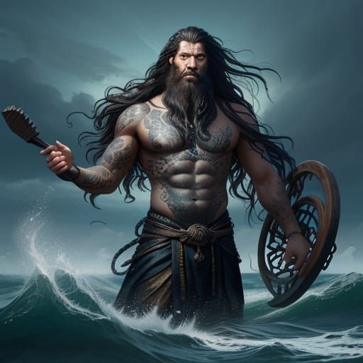 Male God in Sea with Maori Artifact and Tattoos