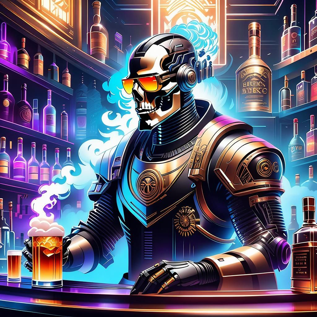 Cyborg Bartender in Smoky Cyberpunk Bar