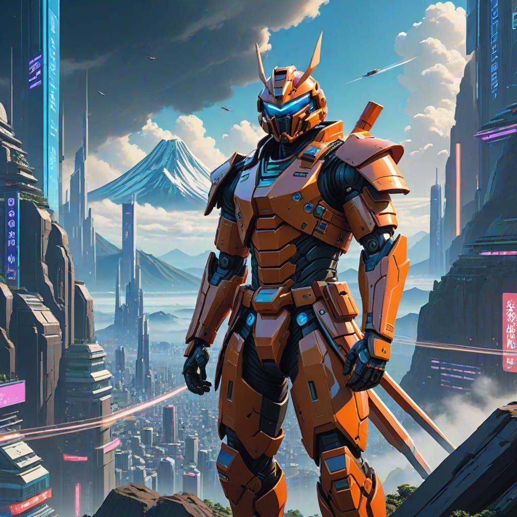 Samurai Warrior Overlooking Cyberpunk Metropolis
