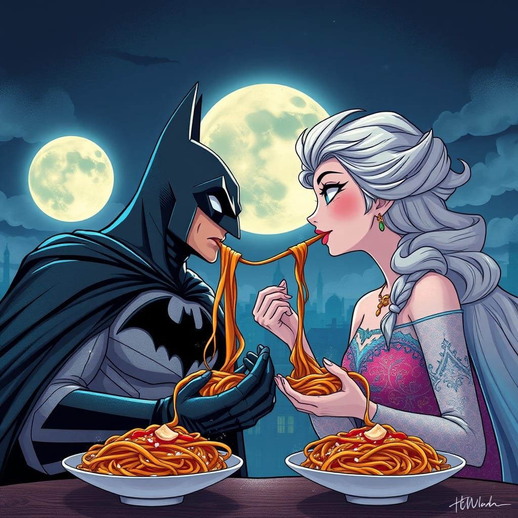 Batman and Elsa in a Romantic Spaghetti Scene, Anime Panoram...