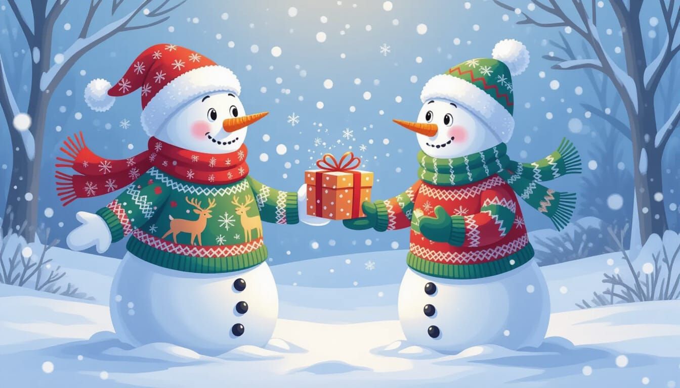 Cheerful Snowmen Exchanging Gifts in Winter Wonderland