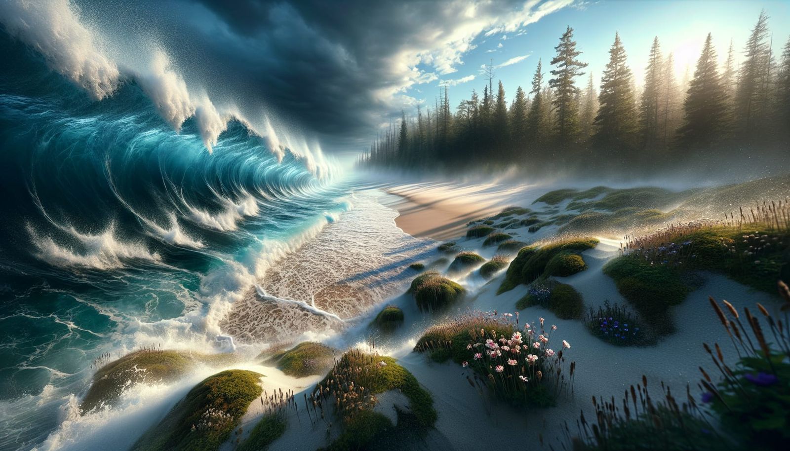 Stormy Waves on a Sandy Beach with Wildflowers and Ancient F...