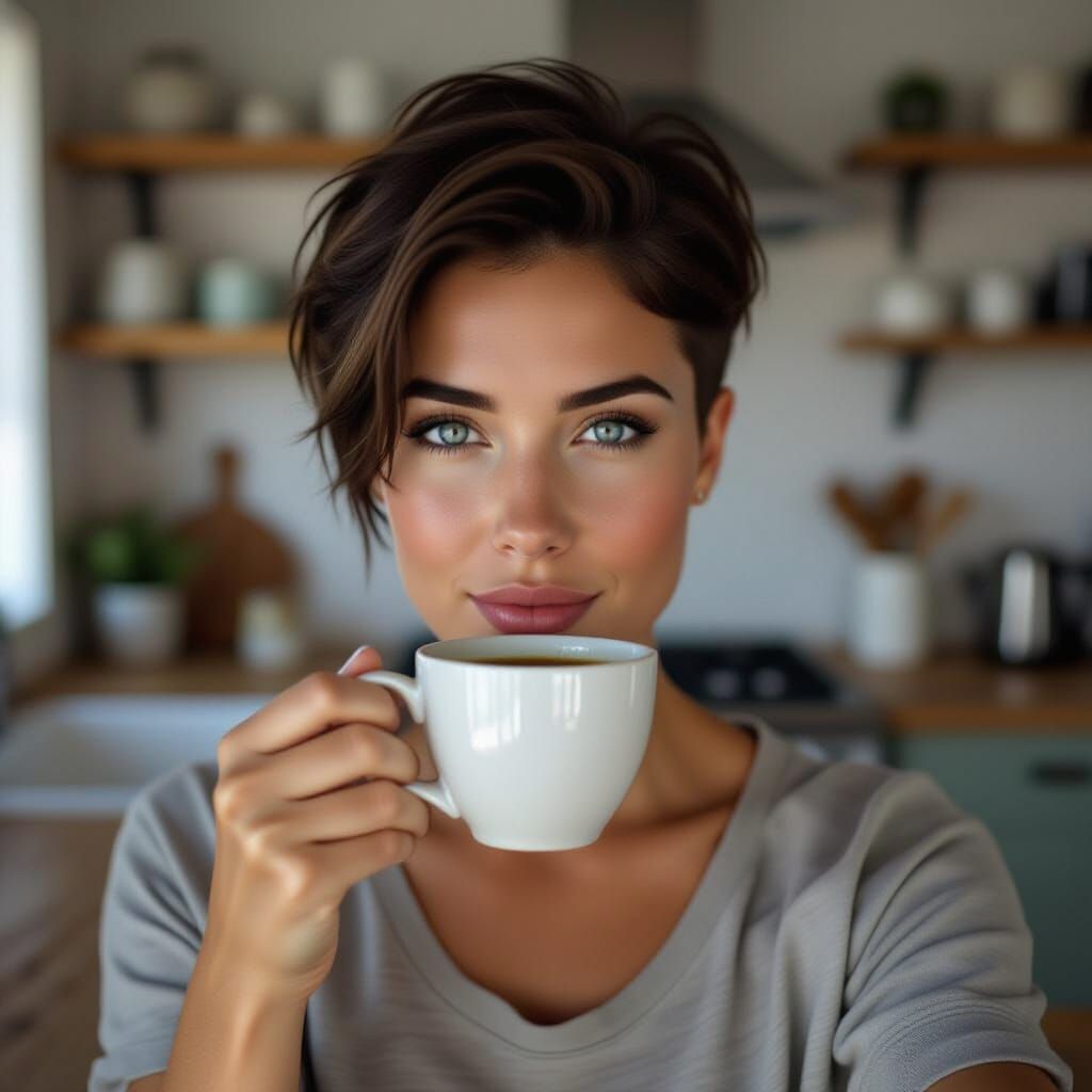 Woman Takes Coffee Selfie in Modern Kitchen, Cat Eyes
