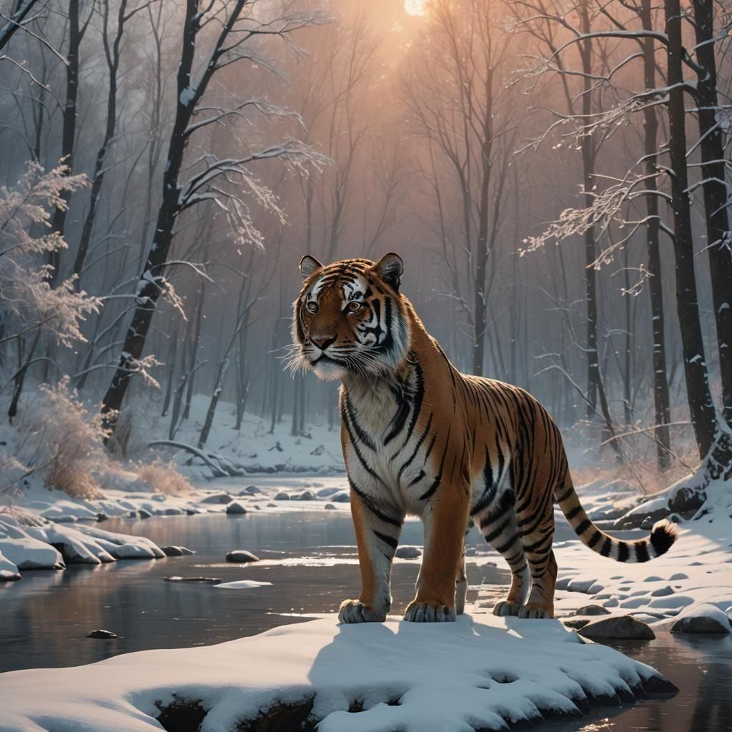 Tiger in Snowy Forest by River