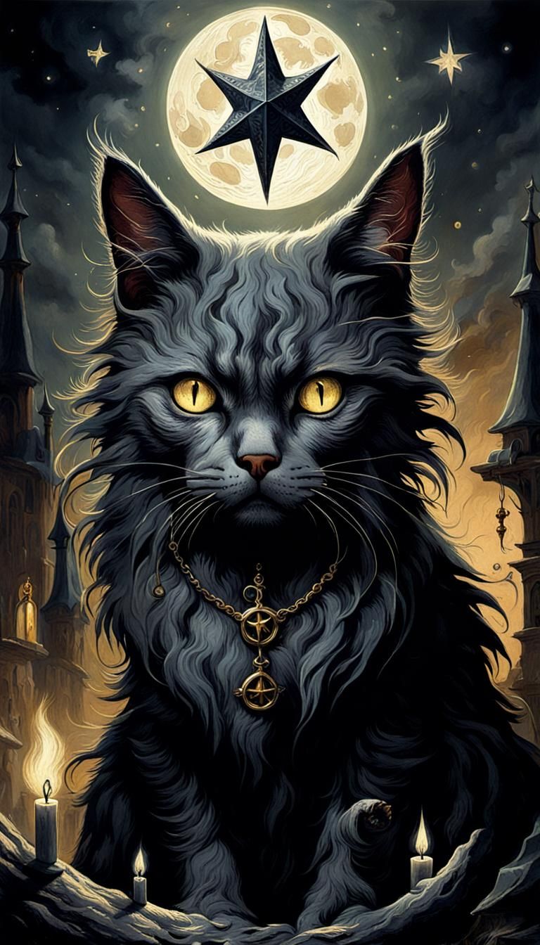 Witch's Cat with Star Signs in Horror Style