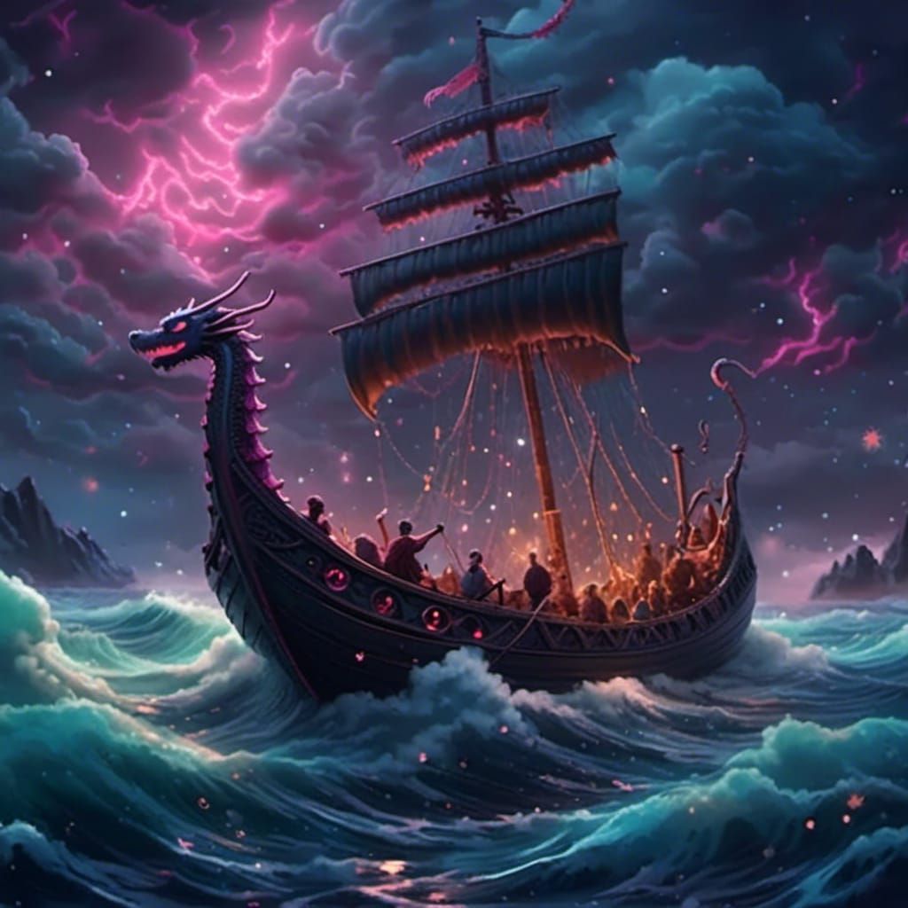 Stormy Seas: Viking Dragon Boat and Kraken