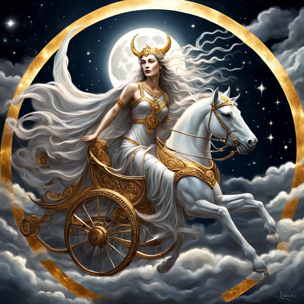 Moon Goddess Selene's Radiant Chariot in Cosmic Expanse