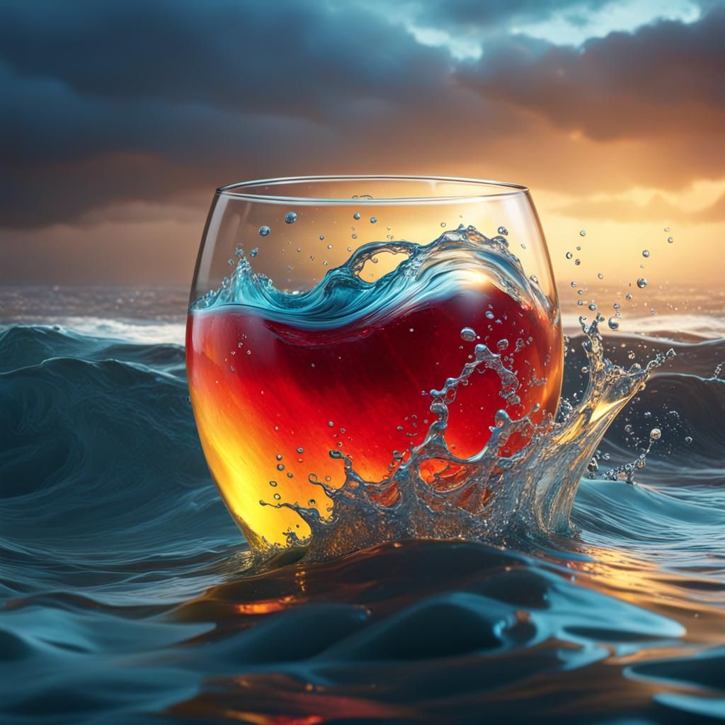 Stormy Sea Inside Glass, Hyperrealistic Concept Art
