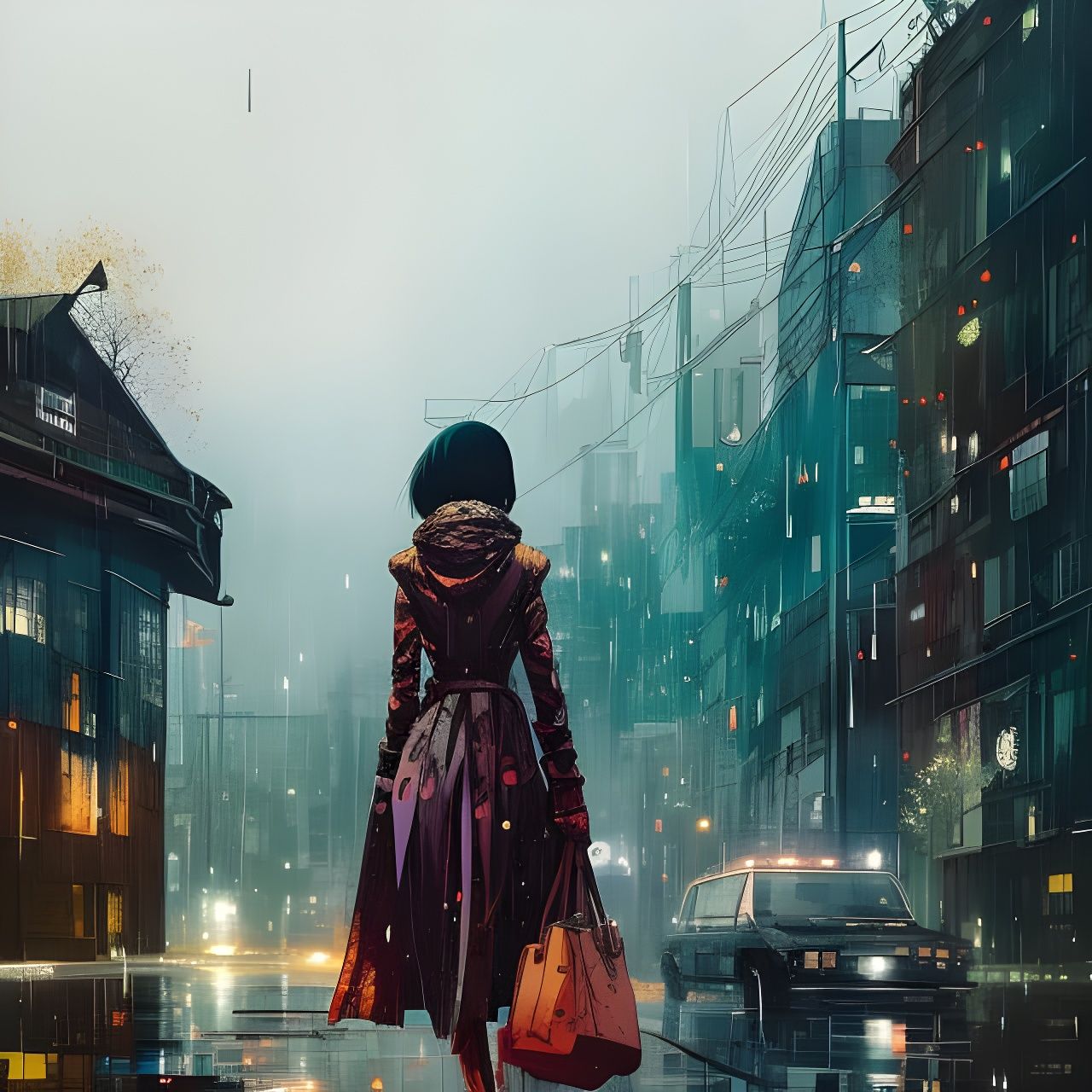 Girl in Rain: Hyperdetailed Anime-Cel Digital Art
