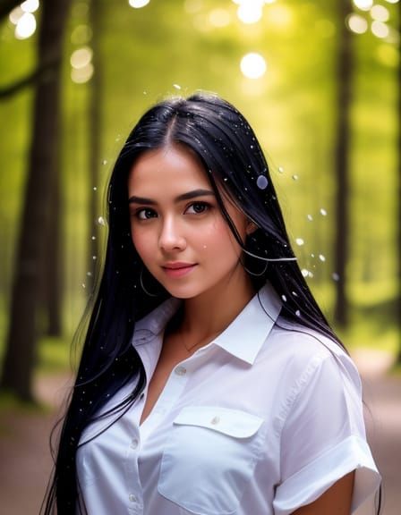 Beautiful Girl in Magical Forest with Colorful Lights