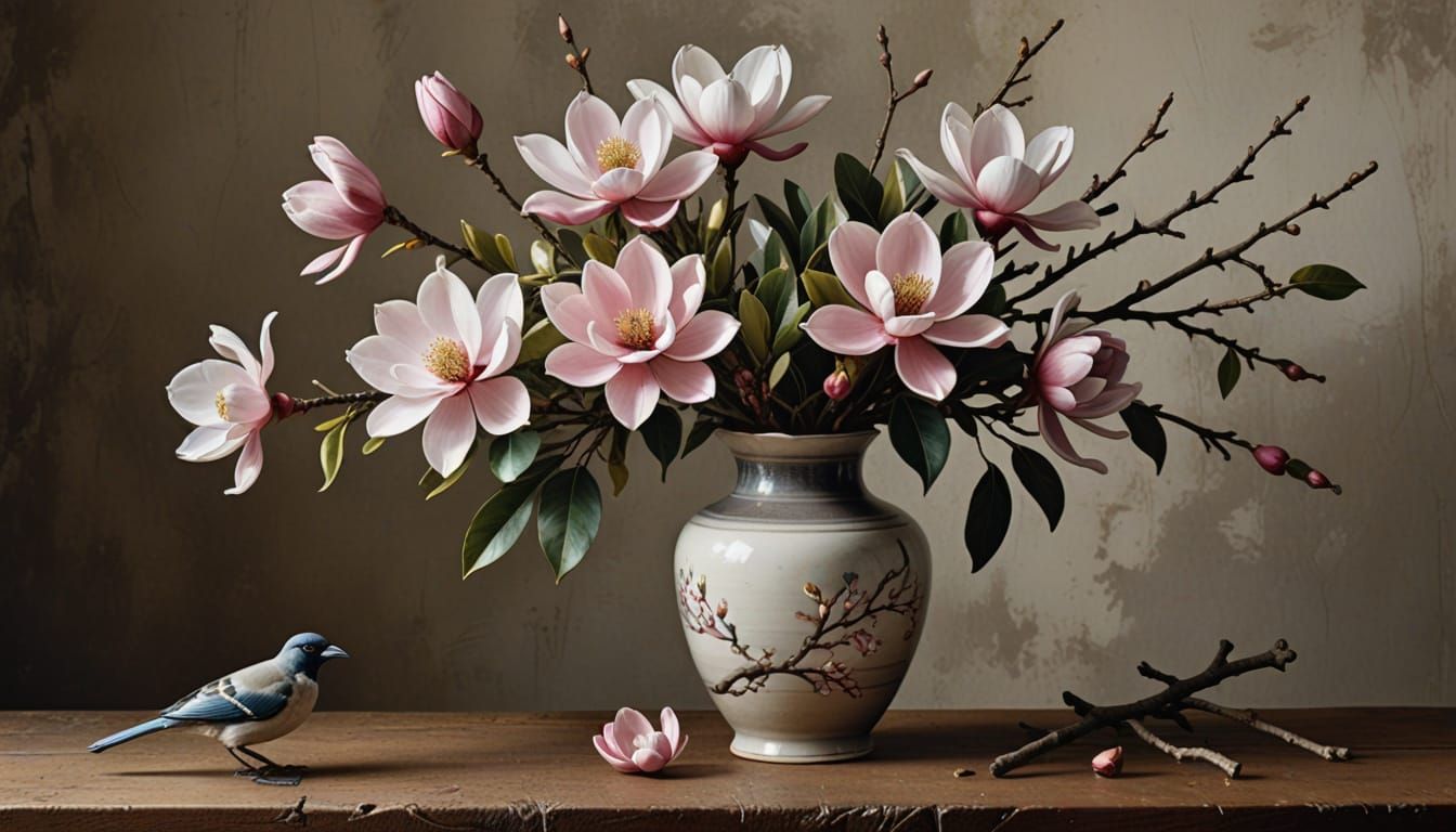 Vibrant Still Life Oil Painting of Magnolia Flowers and Nest...